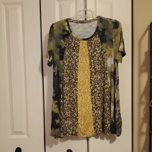 LOGO by Lori Goldstein Black and Tan Graphic Short Sleeve Blouse